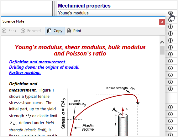 Science Note for Young's modulus, shear modulus, bulk modulus and Poisson's ratio. The dialog is displayed over a datasheet with a cursor hovering over the attribute note icon.